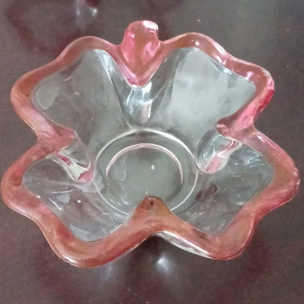 2 vintage irish 4 leaf clover pink rimmed clear glass dish candy🔥